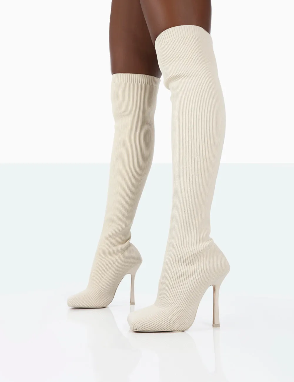 Bubbles Ecru Knitted Square Toe Over The Knee Stiletto Boots