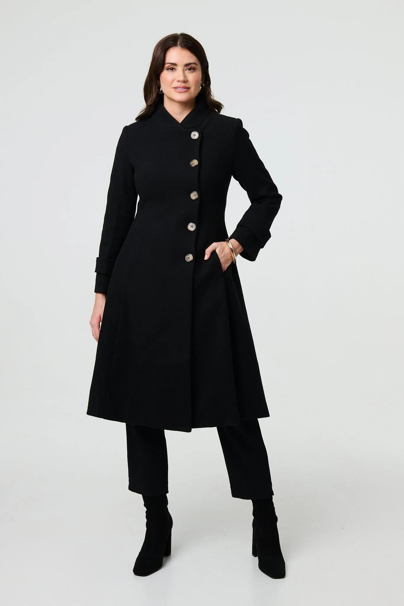 Button Front Funnel Neck Coat