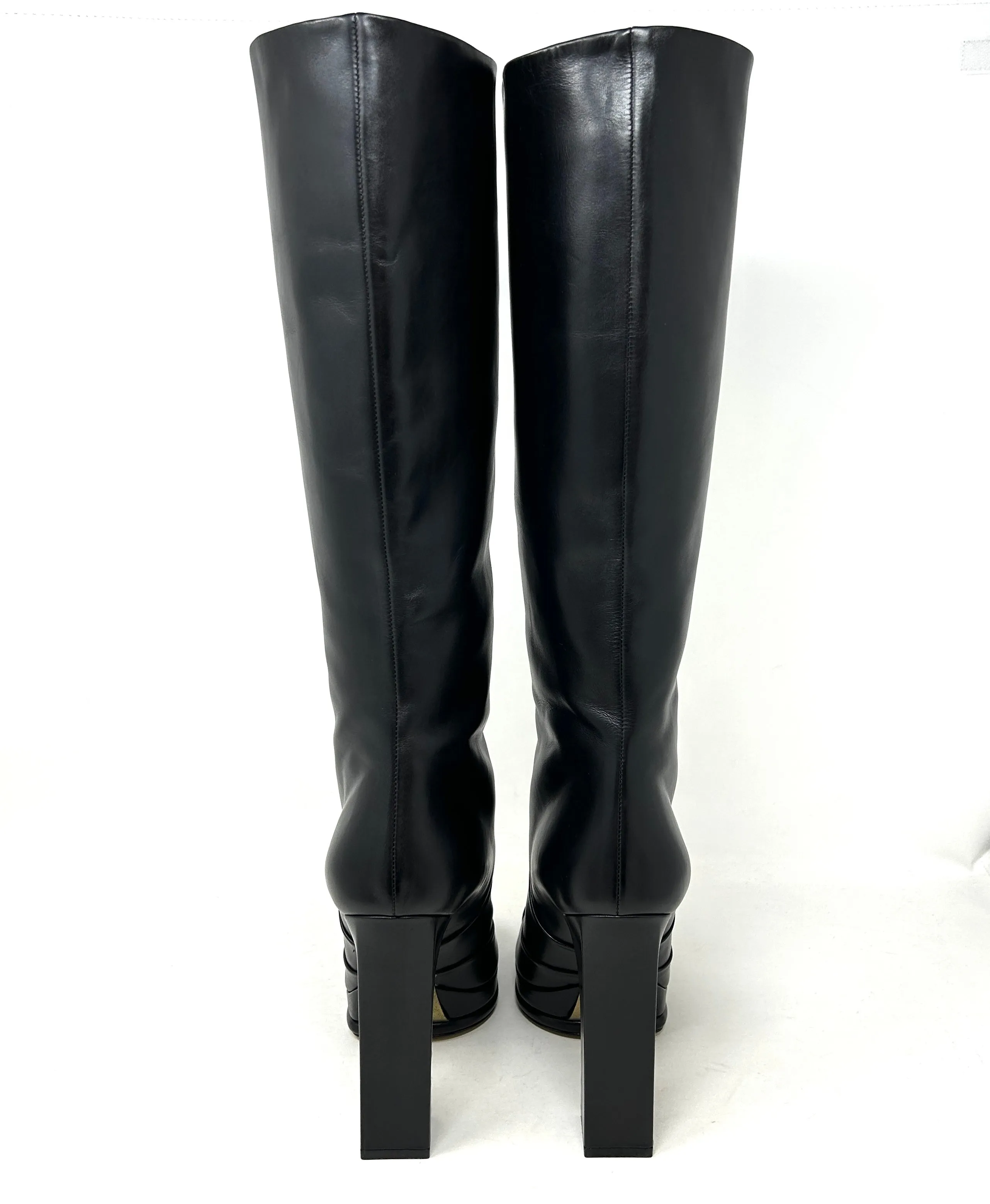 Chanel Black Leather Knee High Block Heel Pull On Boots Small 39 UK 6