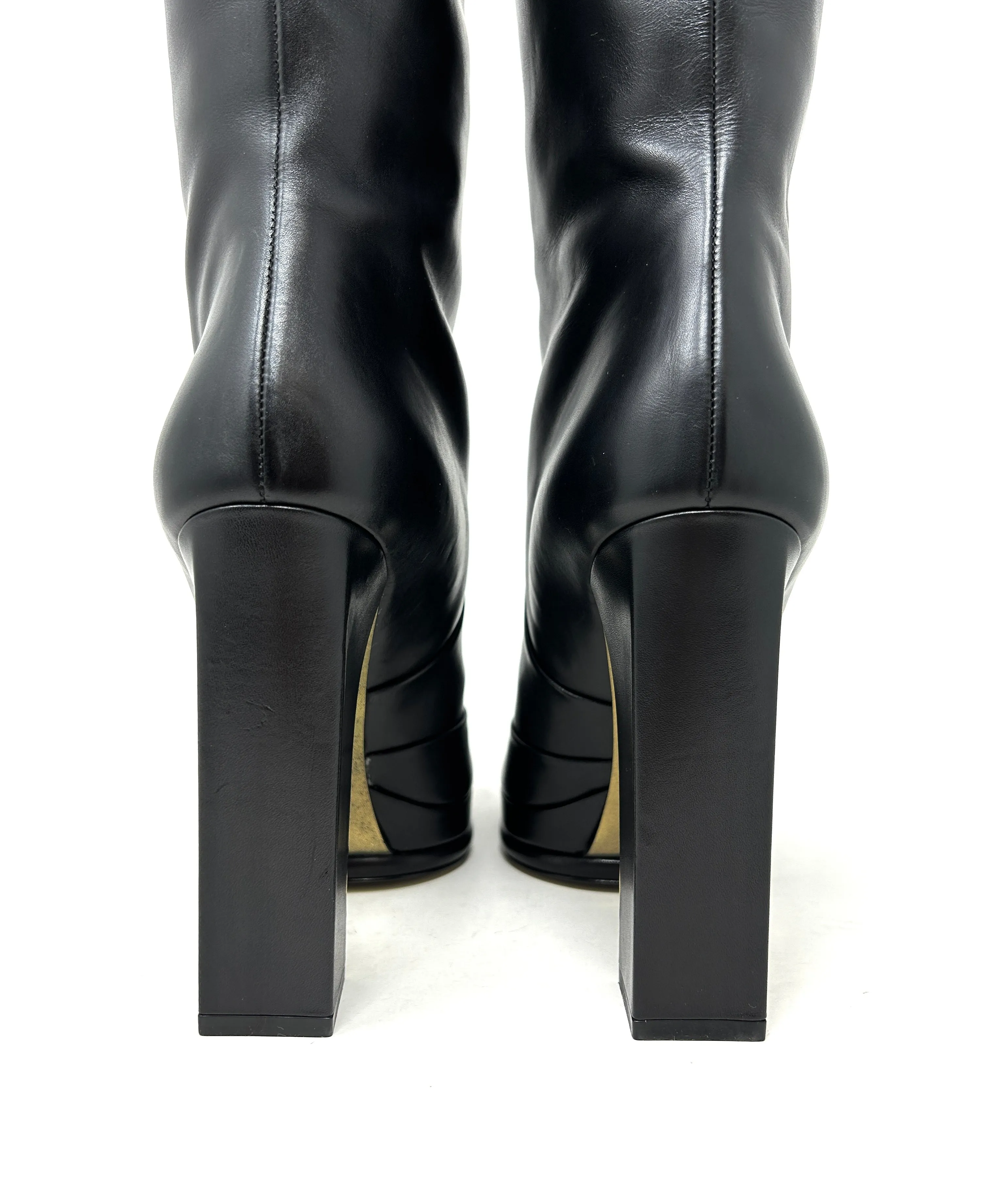 Chanel Black Leather Knee High Block Heel Pull On Boots Small 39 UK 6