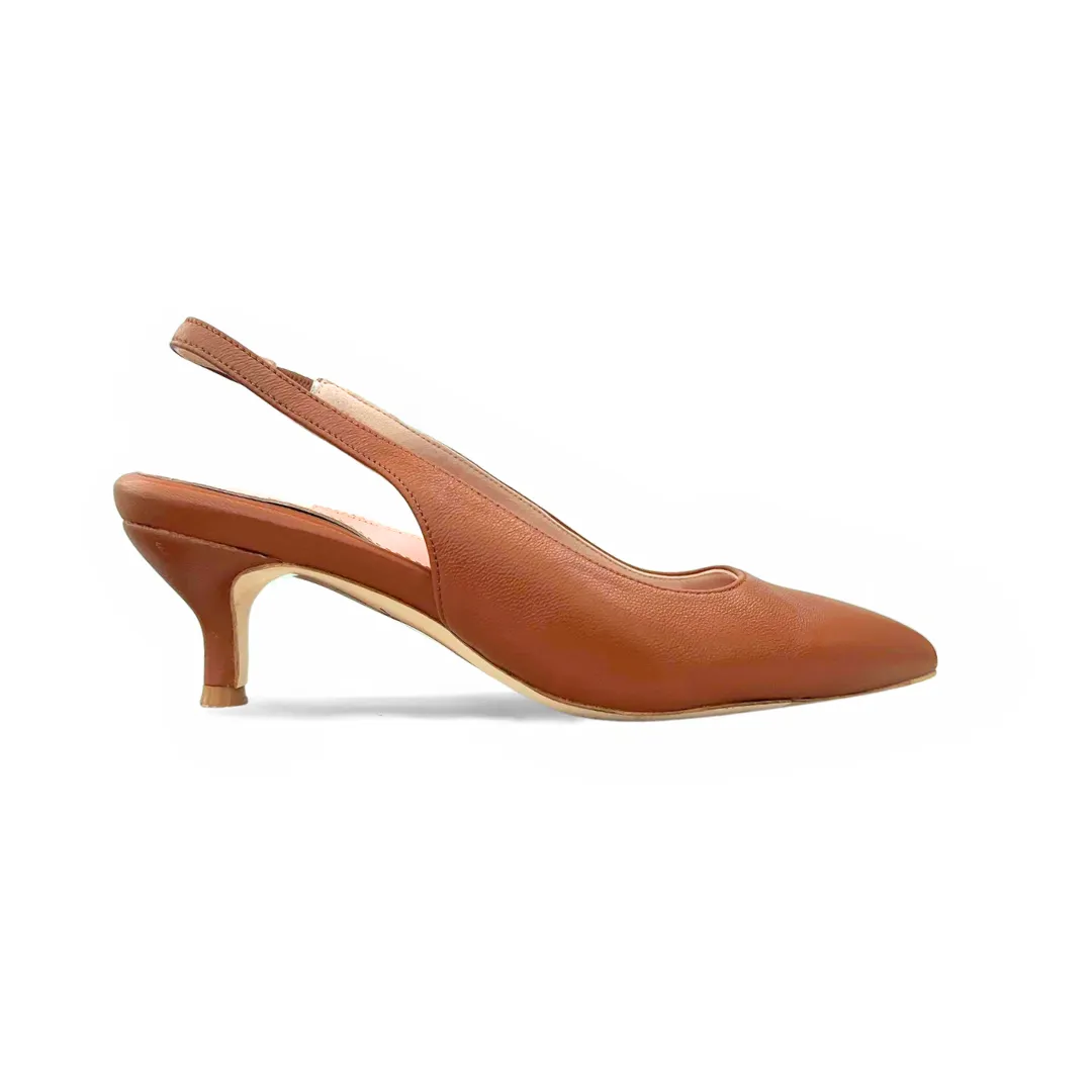 Cognac Embossed Leather Slingback Kitten Heel