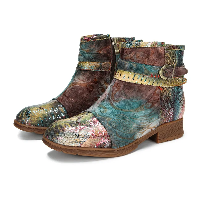 CrazycatZ Womens Bohemian Block Heels Leather Boots Colorful Leather Ankle Boots Dragon Fly Printed Green