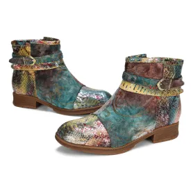 CrazycatZ Womens Bohemian Block Heels Leather Boots Colorful Leather Ankle Boots Dragon Fly Printed Green