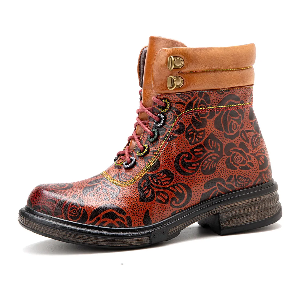 CrazycatZ Womens Leather Ankle Boots Bohemian Sporty Colorful Leather Boots Red