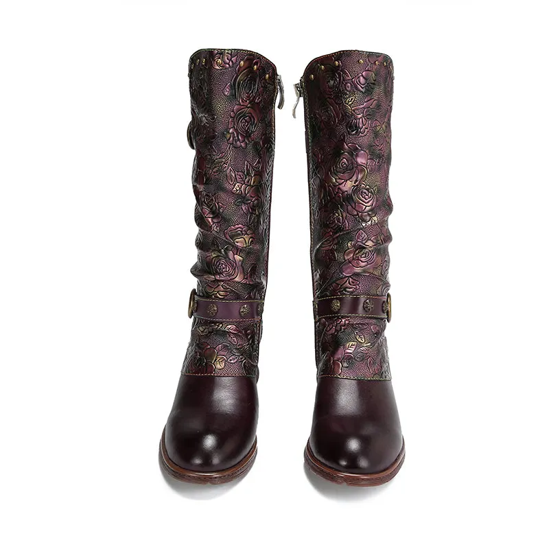 CrazycatZ Womens Leather Bohemian Knee High Boots Patterned Long Boots Vintage Boots Red Wine