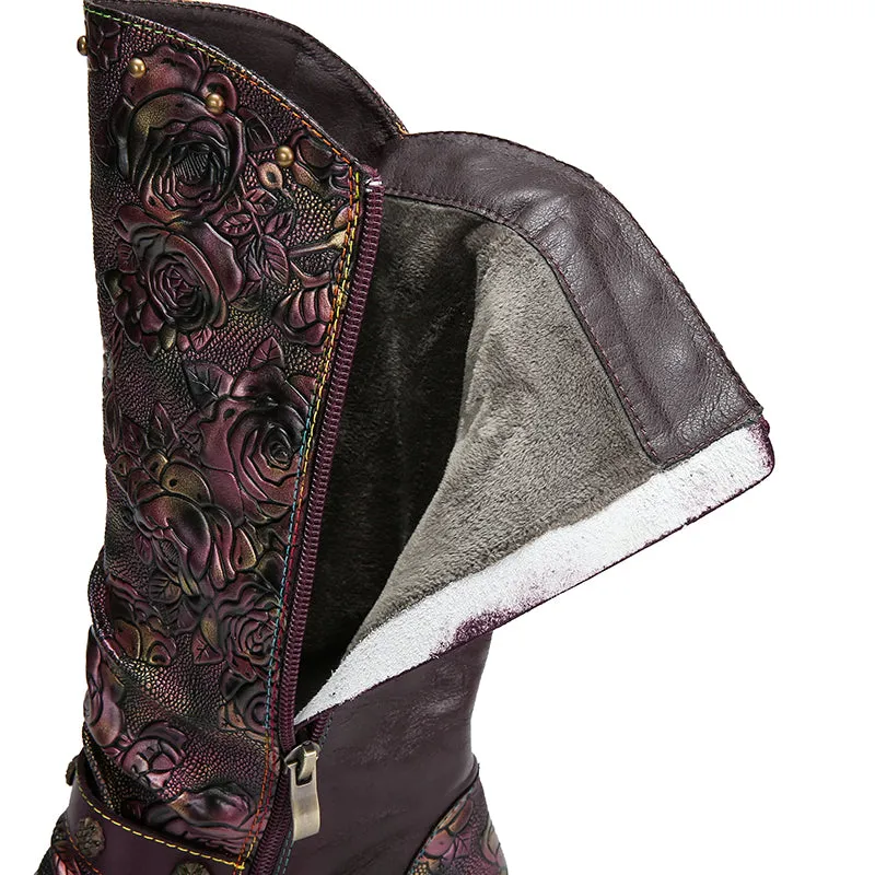 CrazycatZ Womens Leather Bohemian Knee High Boots Patterned Long Boots Vintage Boots Red Wine