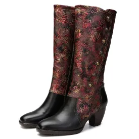 CrazycatZ Womens Leather  Knee High Boots Patterned Long Boots Vintage Boots