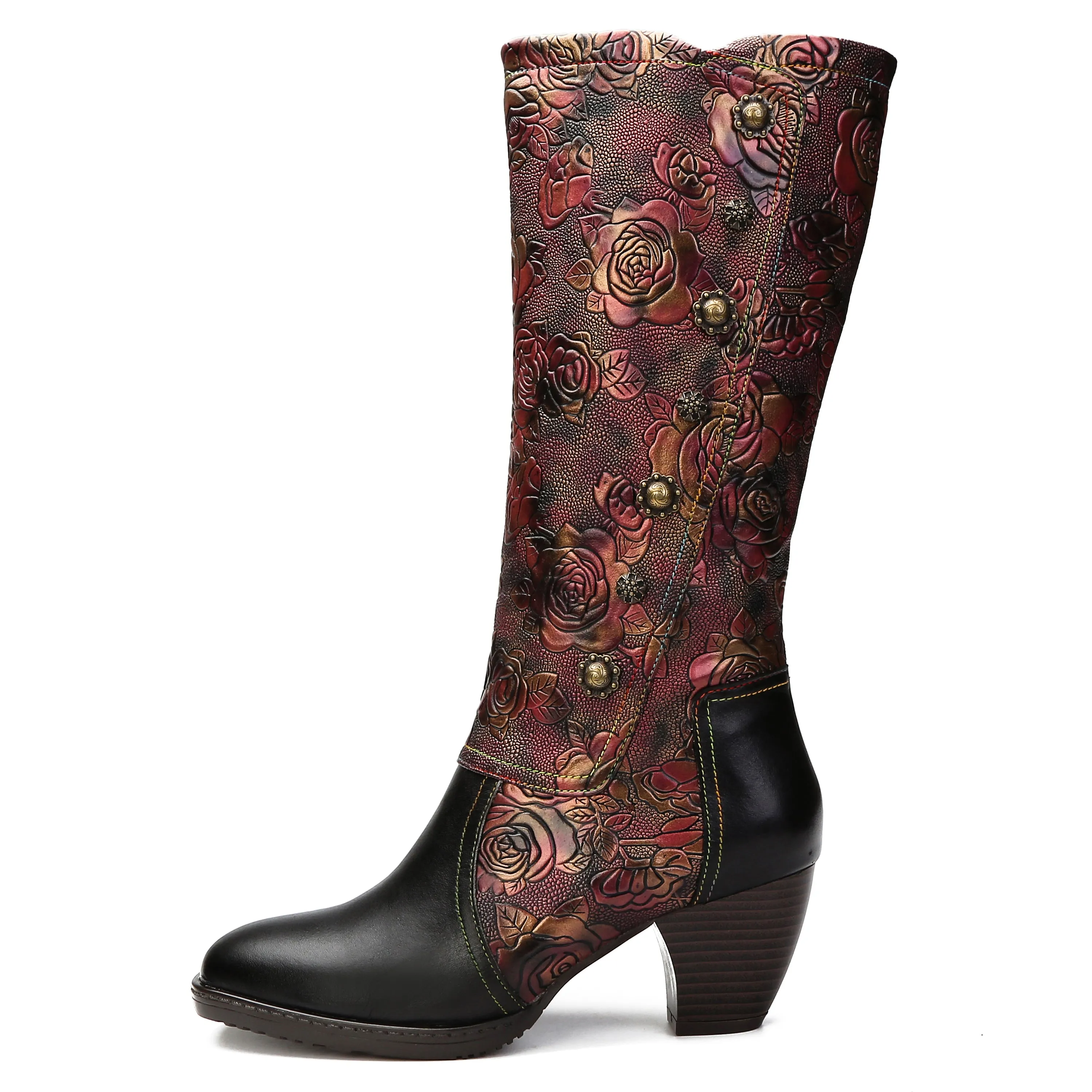 CrazycatZ Womens Leather  Knee High Boots Patterned Long Boots Vintage Boots