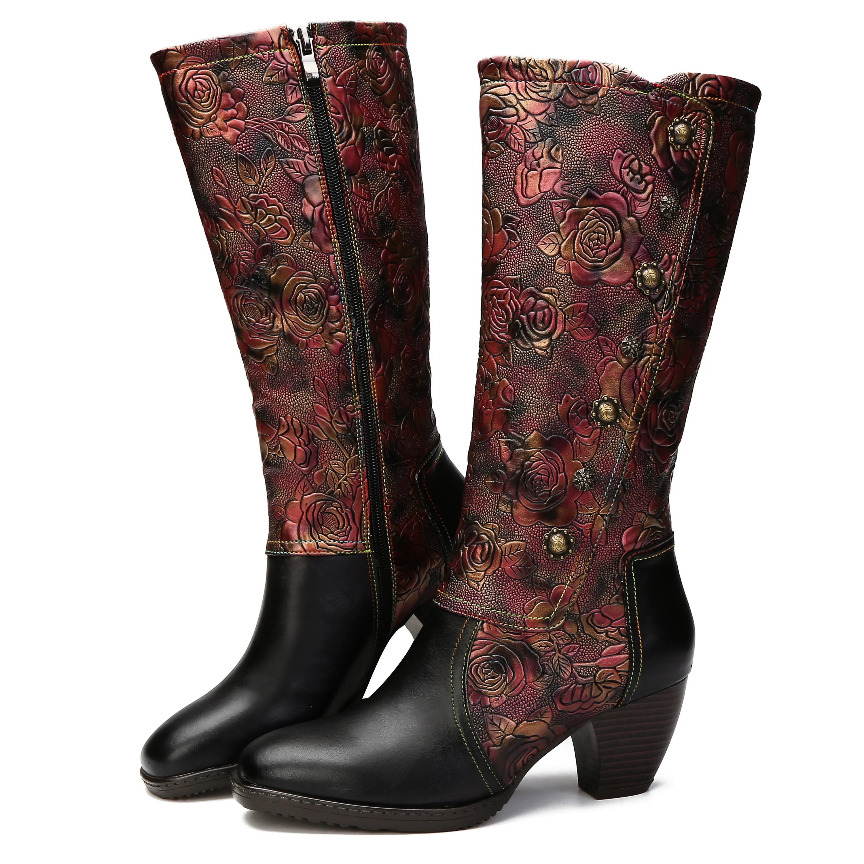 CrazycatZ Womens Leather  Knee High Boots Patterned Long Boots Vintage Boots