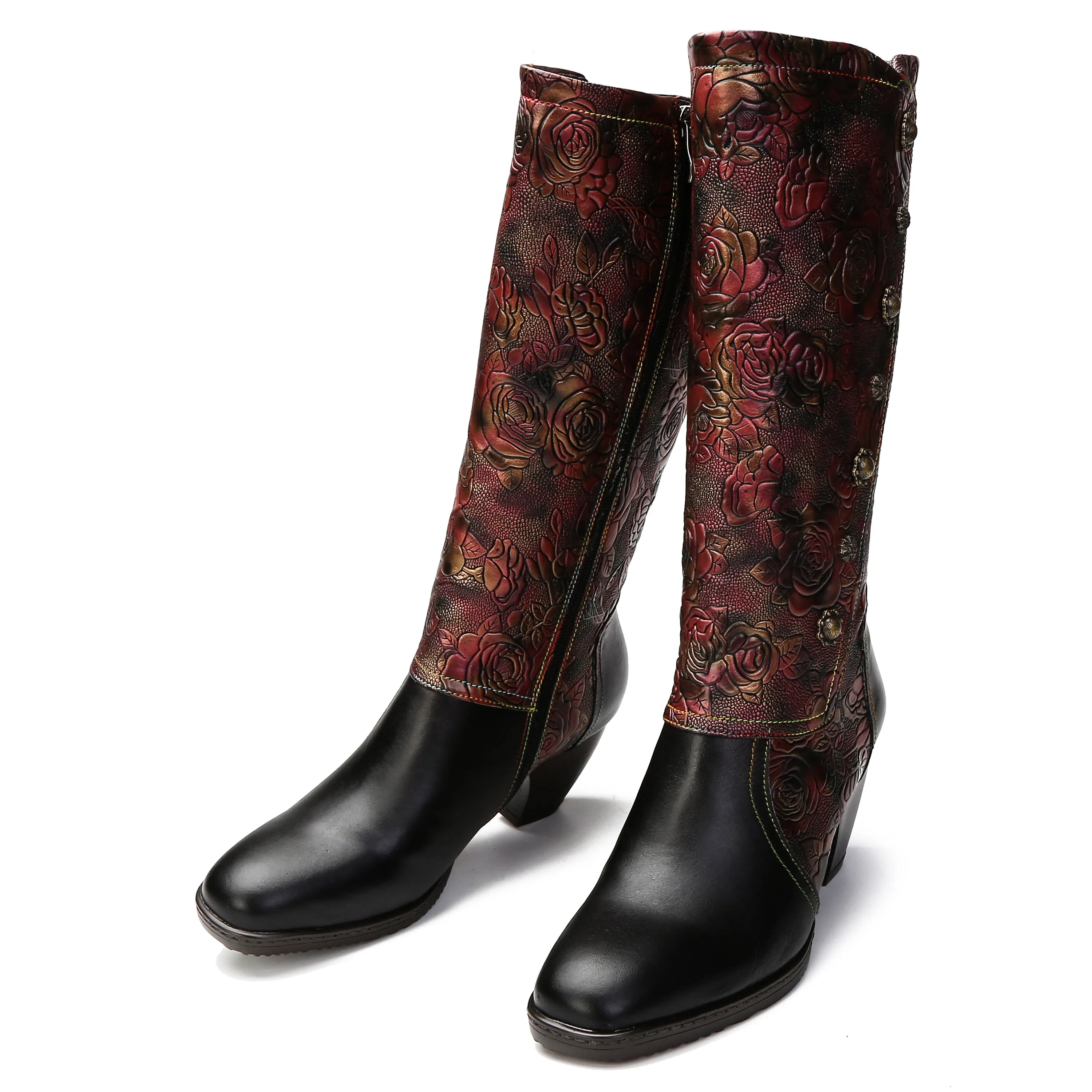 CrazycatZ Womens Leather  Knee High Boots Patterned Long Boots Vintage Boots