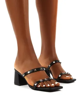 Forever Black Square Toe Studded Strap PU Block Heel Mule Sandals