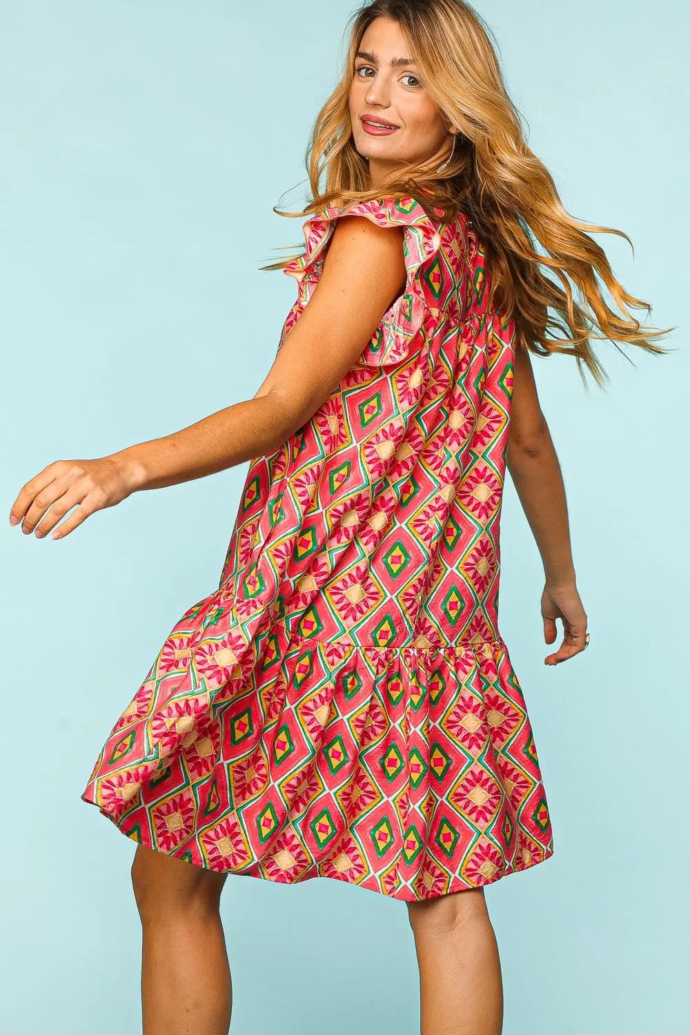 Full Size Ruffled Printed Dress with Side Pockets