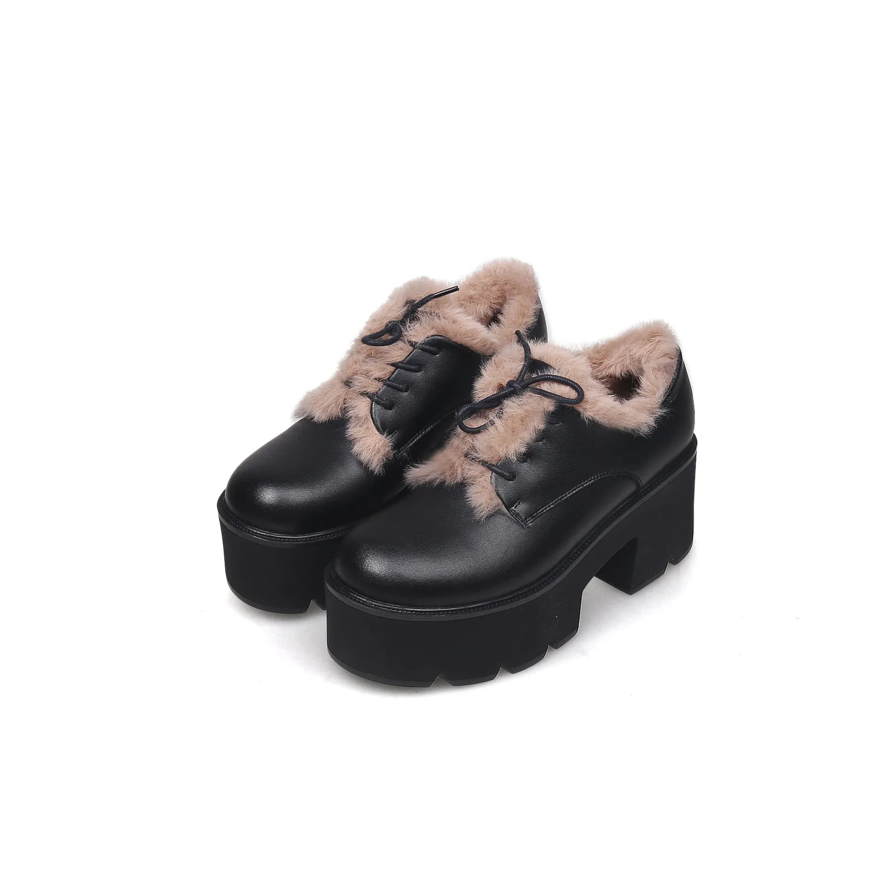 Fur Lined Black Platform Leather Shoes