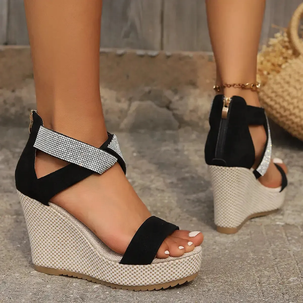 High Wedges Sandals With Rhinestone