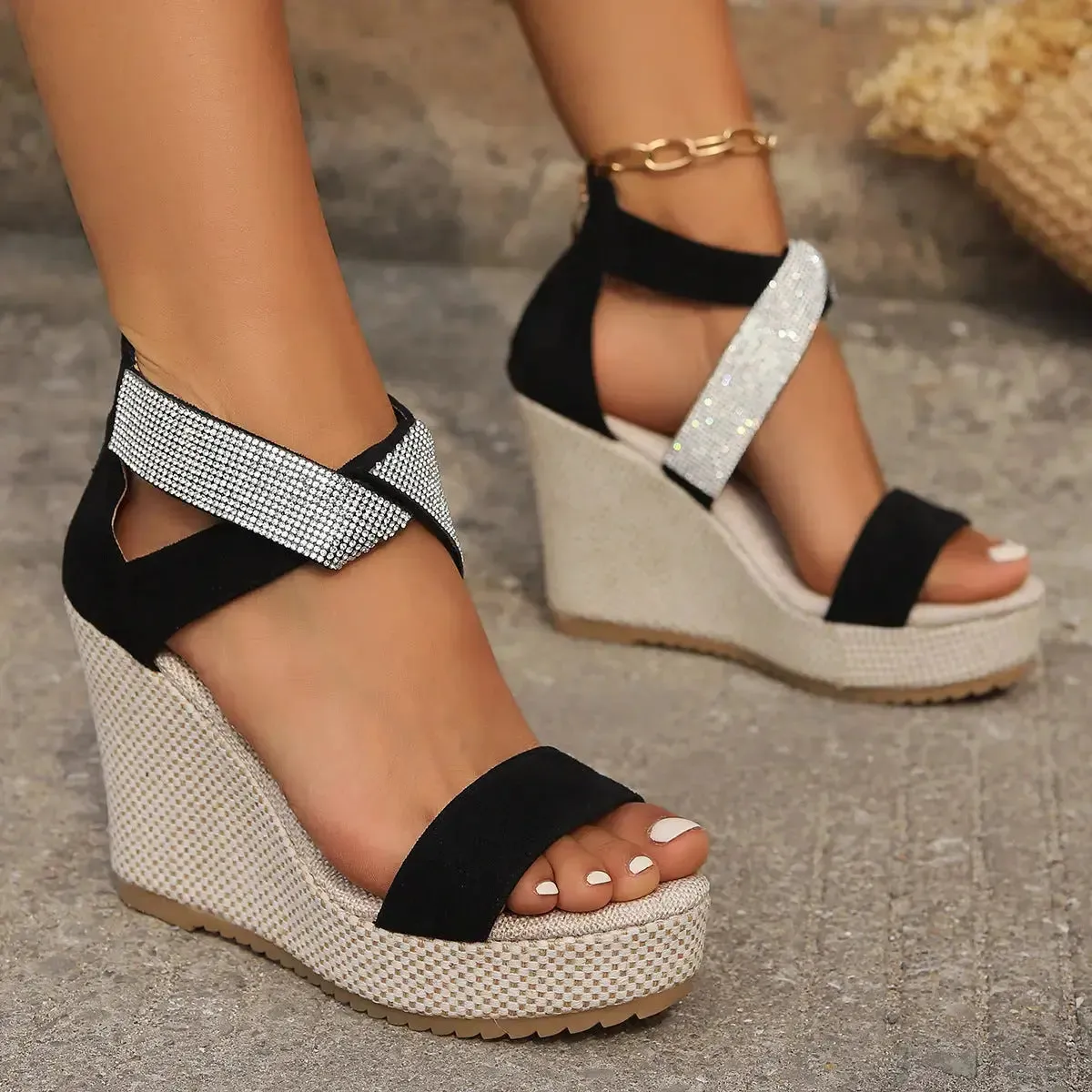 High Wedges Sandals With Rhinestone