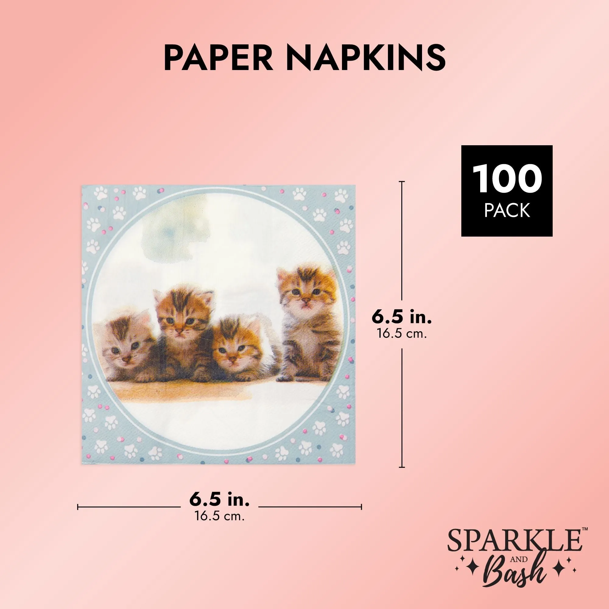 Kitten Paper Napkins for Kitty Cat Birthday Party Supplies (6.5x6.5 In, 100 Pack)