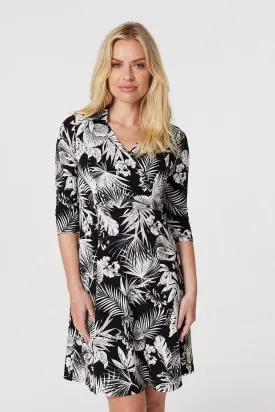 Leaf Print Wrap Front Shirt Dress