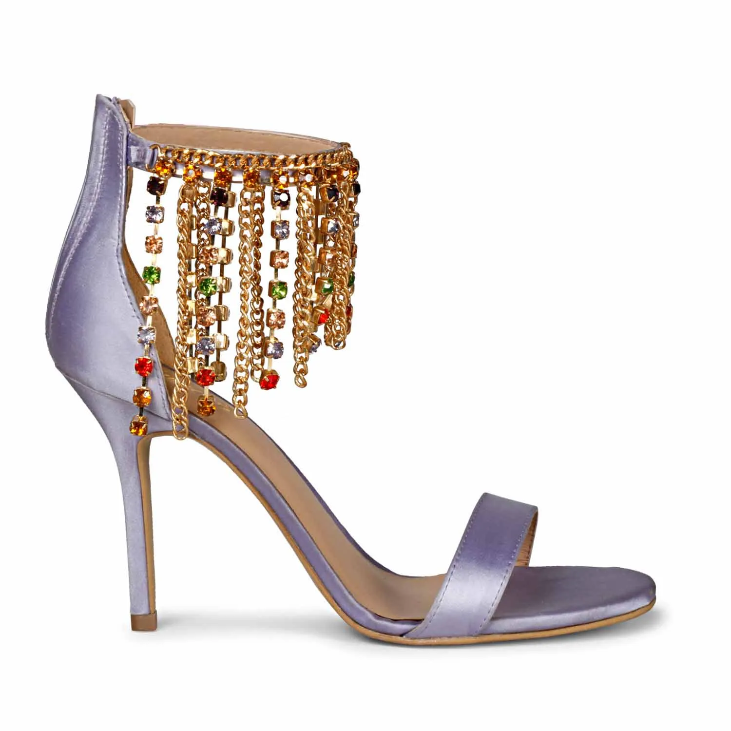 Saint Luana Multi Stone Studded Chain Lilac Satin Stilettos