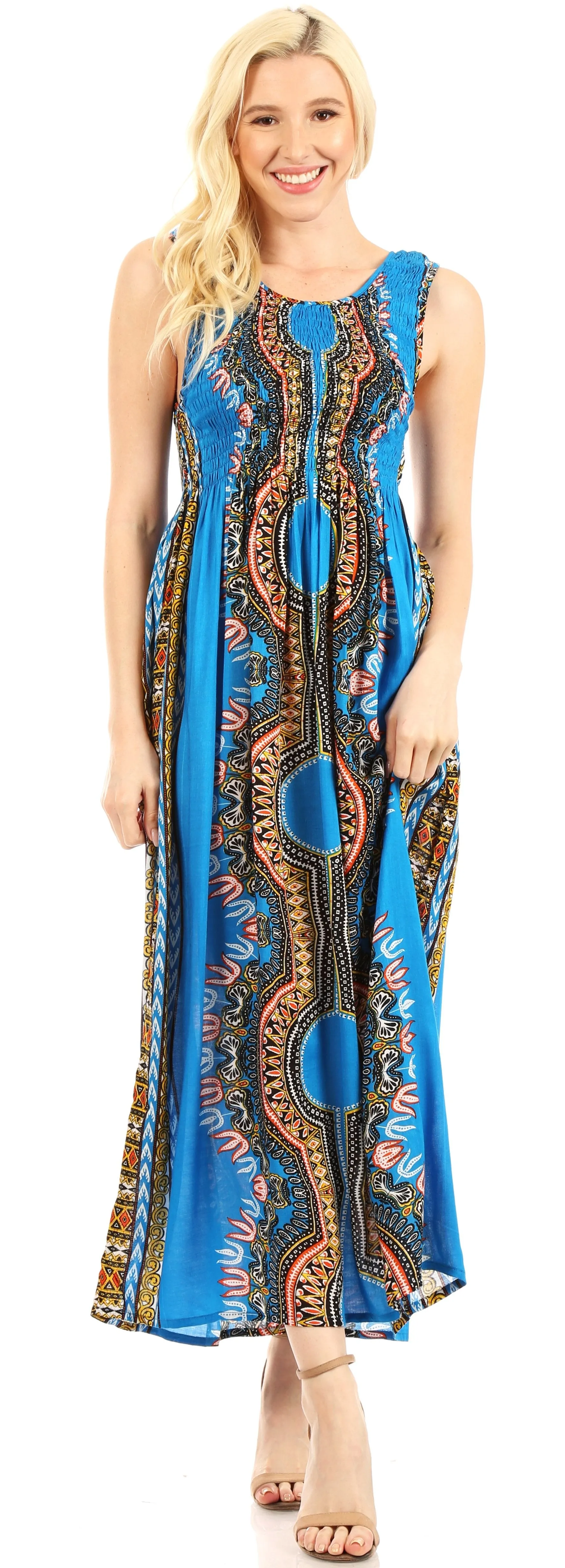 Sakkas Linza Women's Sleeveless Casual Maxi Dashiki African Print Dress Long Nice