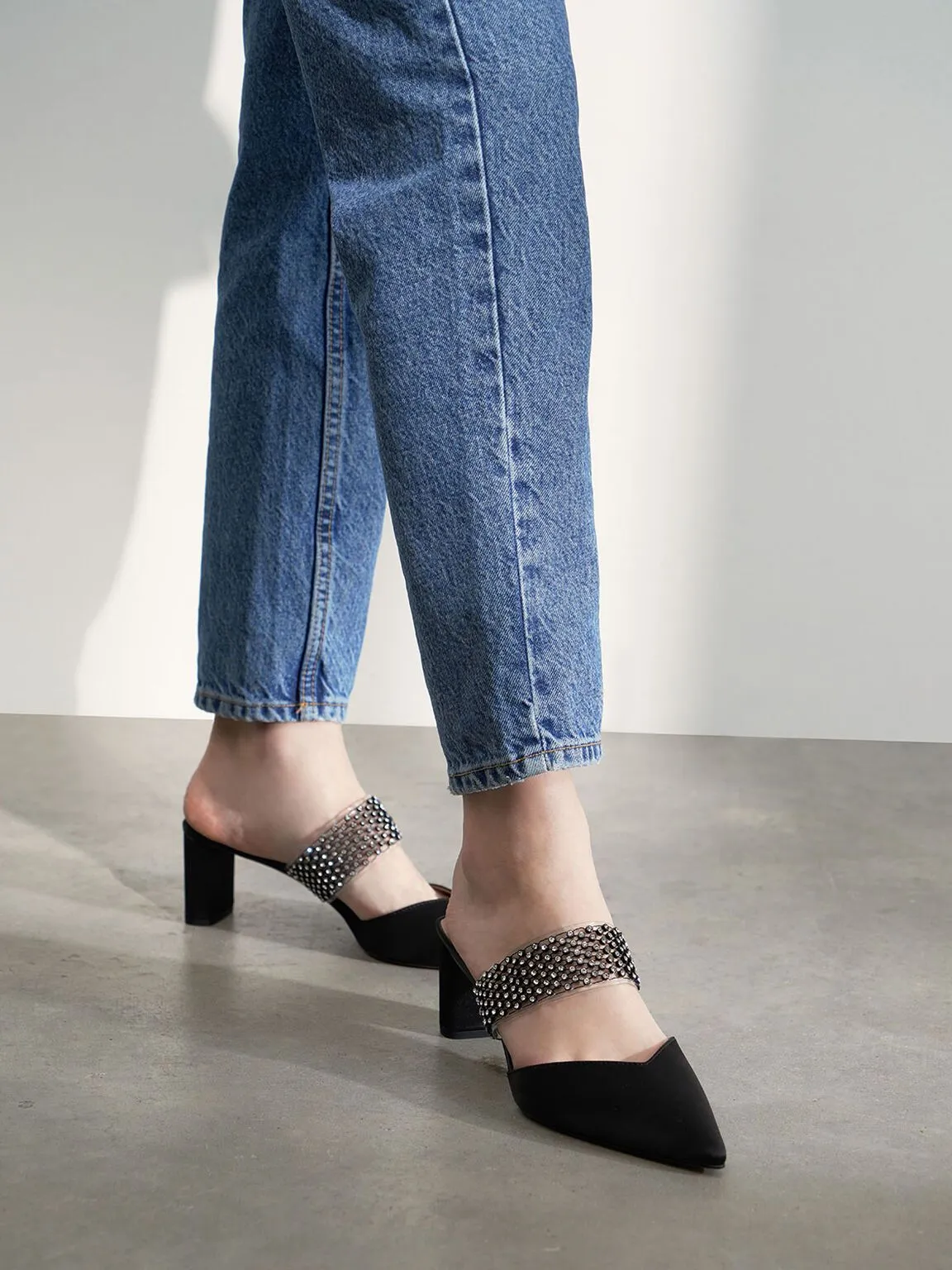 Satin Embellished-Strap Mules