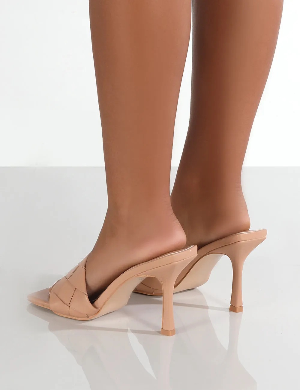 Saturn Nude PU Woven Square Toe Mule Heels