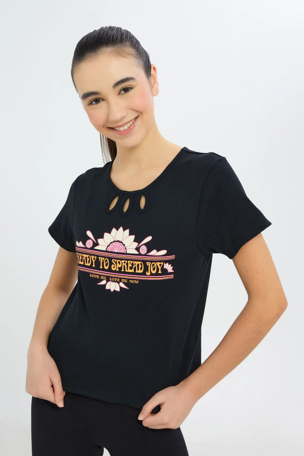 Senior Girls Black Ribbed Chest Print T-Shirt