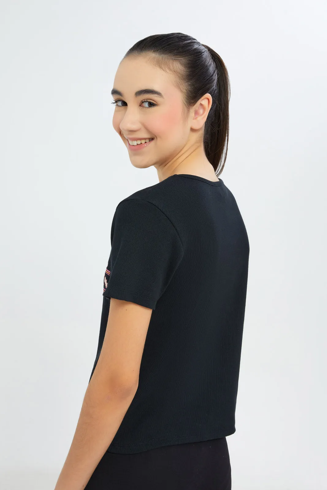 Senior Girls Black Ribbed Chest Print T-Shirt