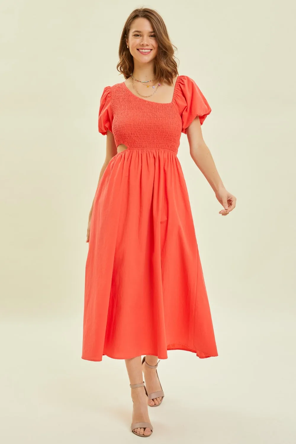 TEEK - Cherry Red Smocked Cutout Dress