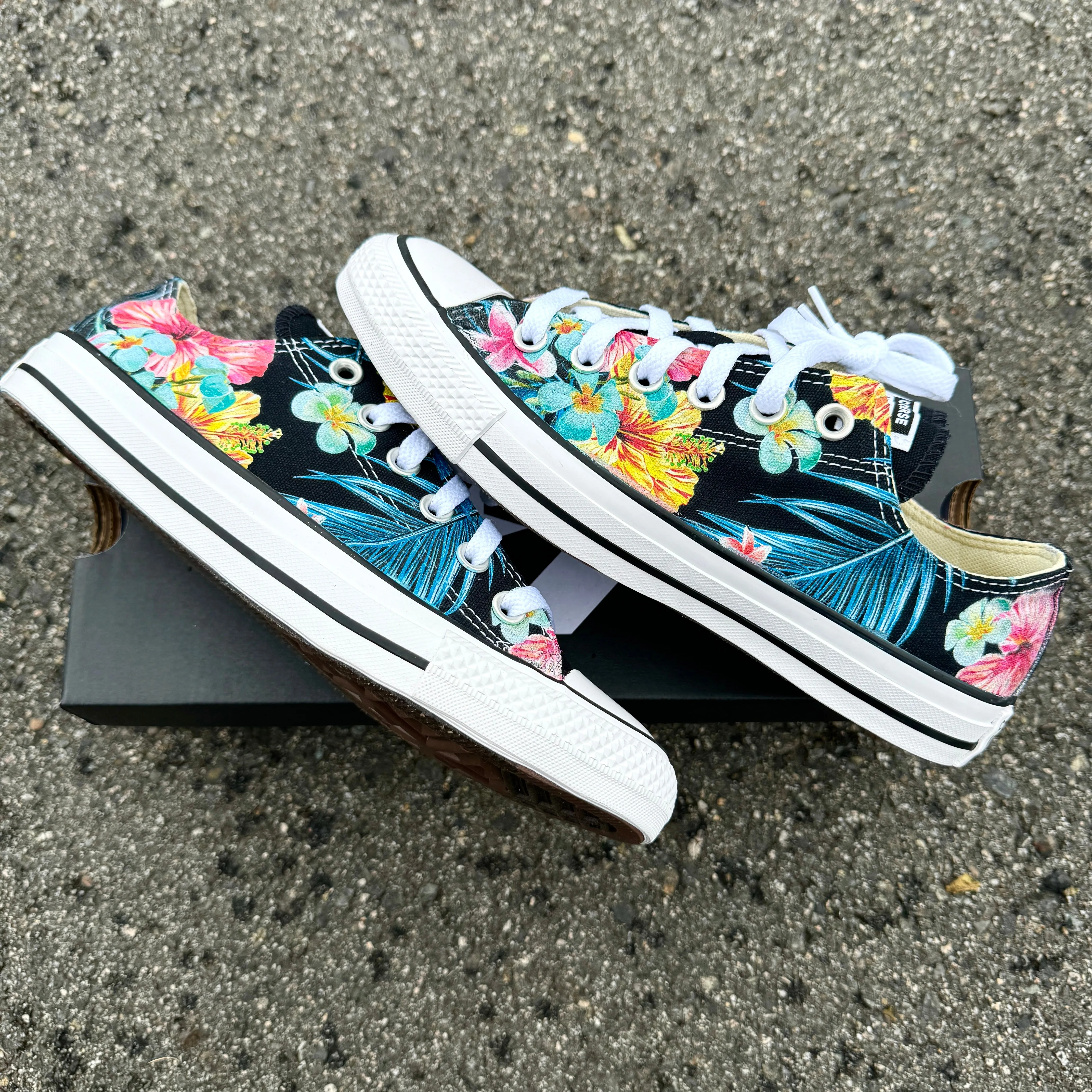 Tropical Floral Sneakers - Custom Black Low Tops