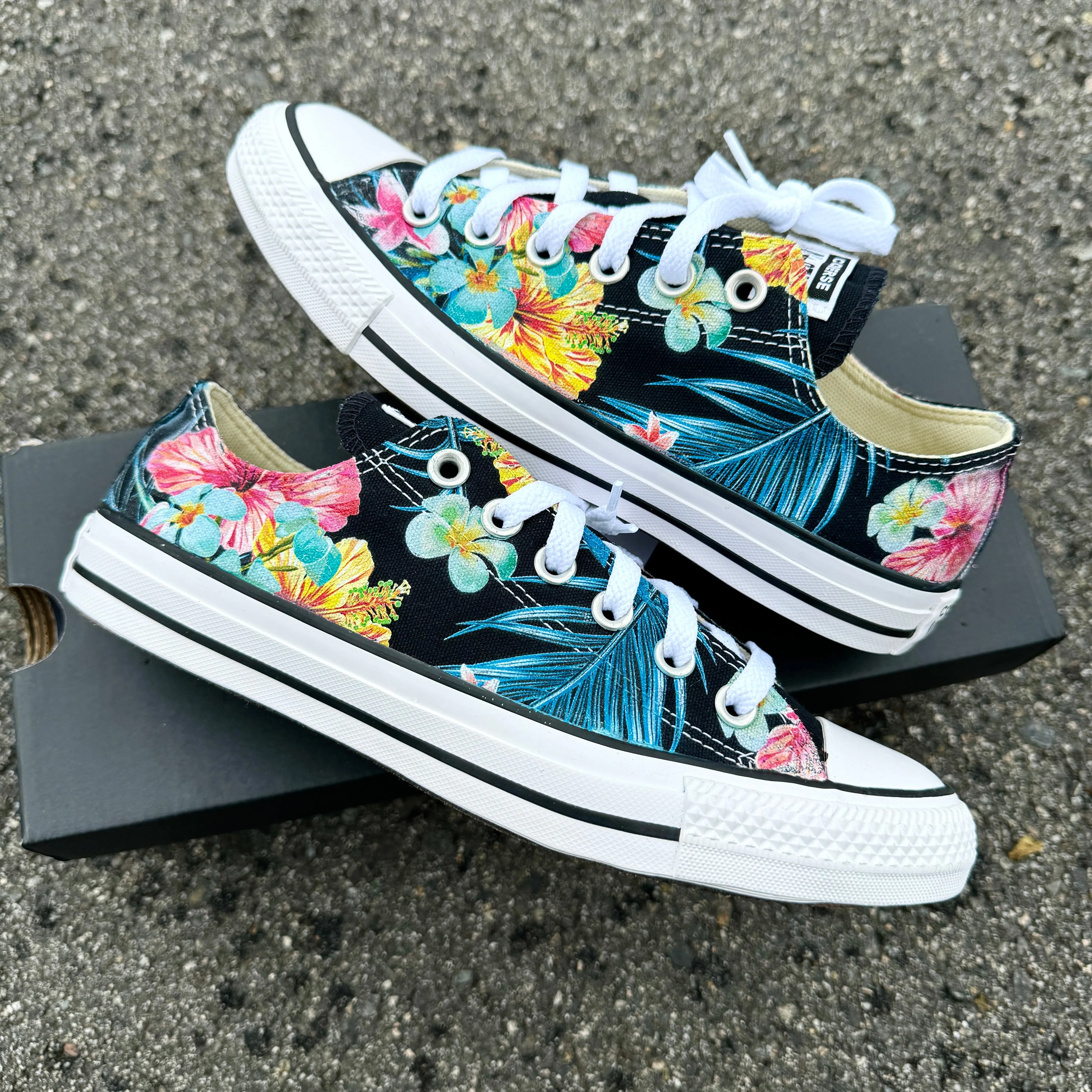 Tropical Floral Sneakers - Custom Black Low Tops