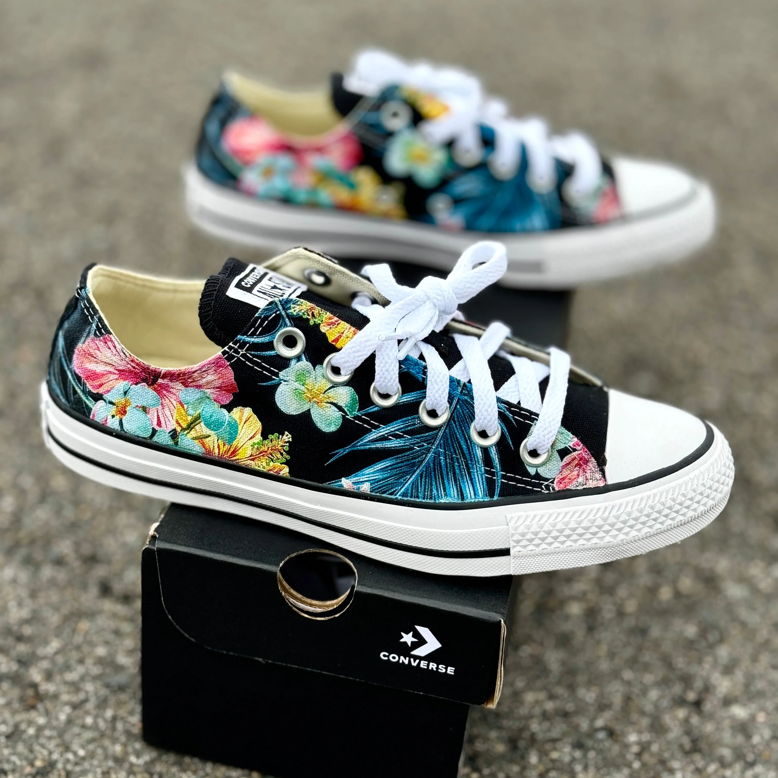 Tropical Floral Sneakers - Custom Black Low Tops