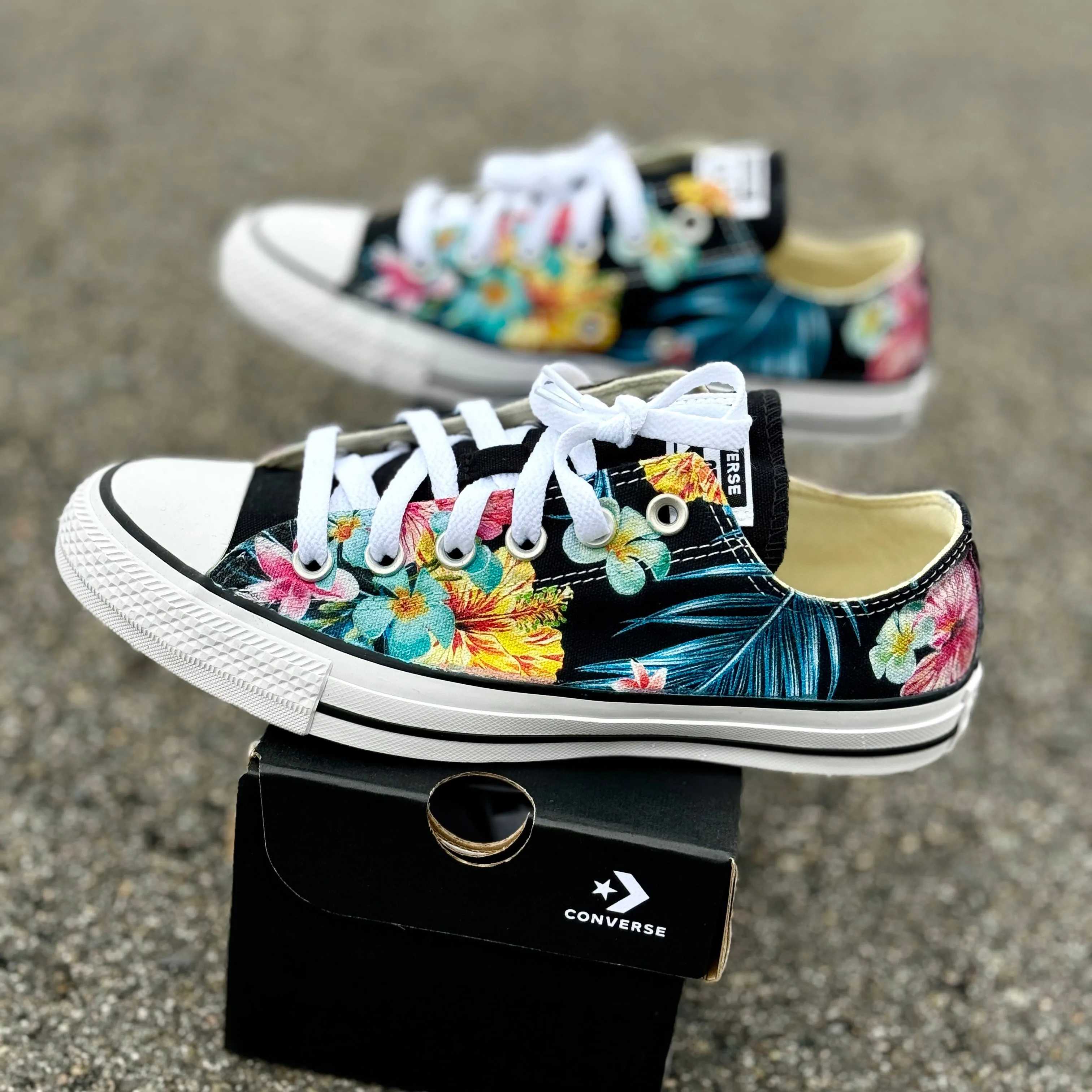 Tropical Floral Sneakers - Custom Black Low Tops