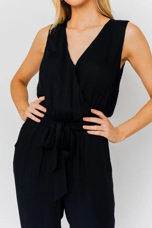 V-Neck  Waist Tie Sleeveless Jumpsuit