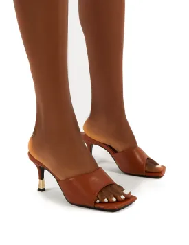 Vogue Tan Gold Heel Detail Square Toe Mules Sandals